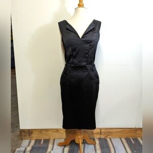 ELLEN Tracy Black Satin Sheath Wiggle Dress Mad Men MCM Style 6 Sleeveless